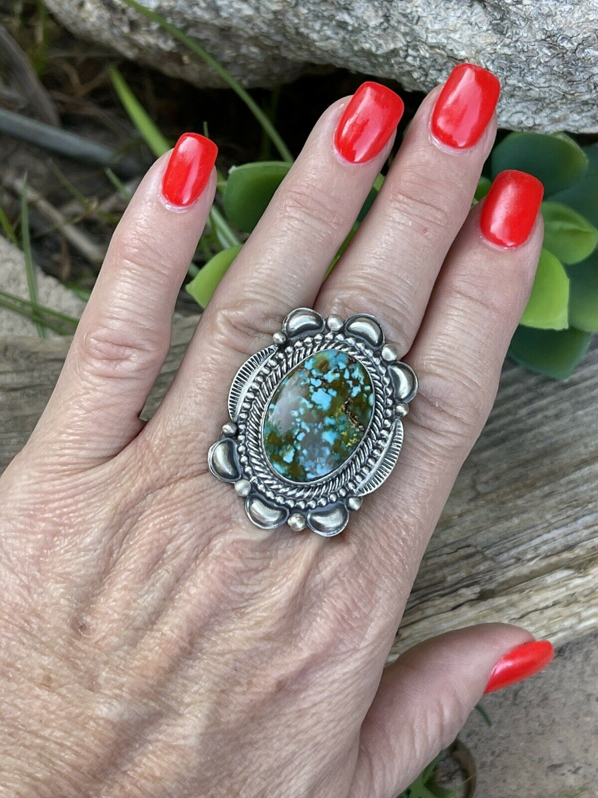 Handcrafted Sonoran Mountain Turquoise & Sterling Silver Statement Ring Sizes 7.5