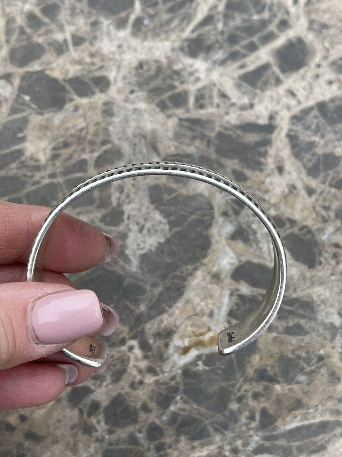 Handcrafted Sterling Silver Tribal Style Hand Stamped Bracelet Cuff Signed