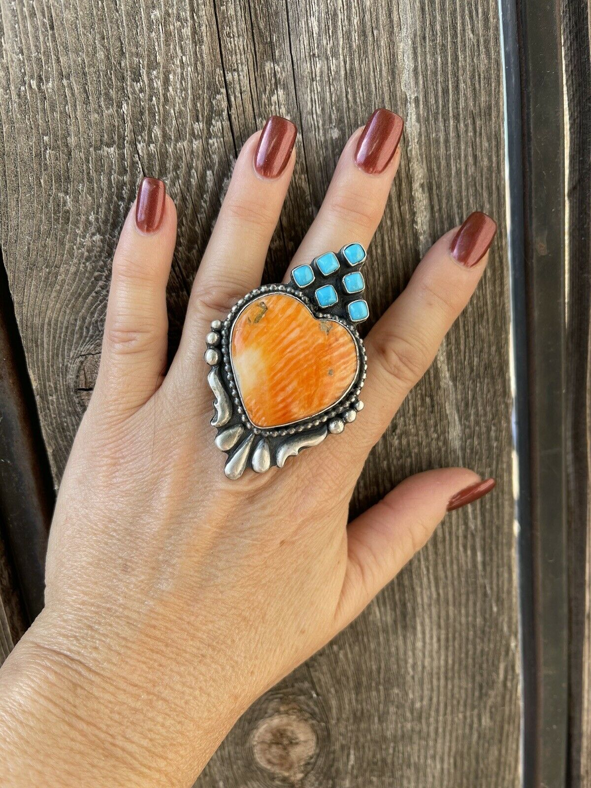 Handcrafted Sterling Silver Orange Spiny Heart & Turquoise Ring Sz 8