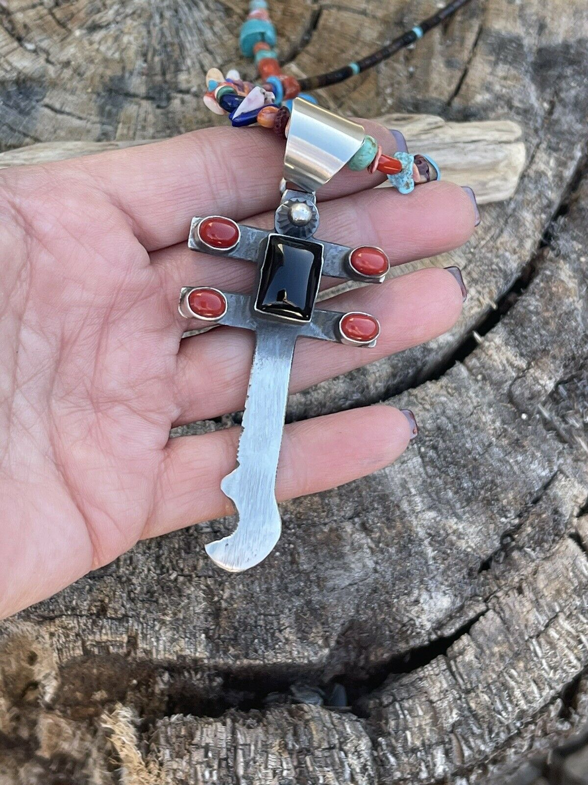 Handcrafted Sterling Silver Black Onyx and Coral Dragonfly Pendant By Chimney Butte