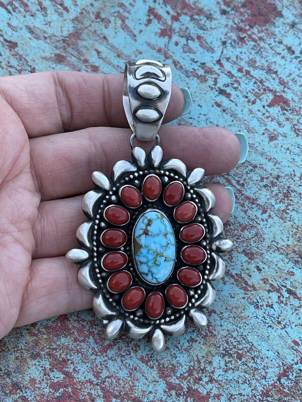 Handcrafted Sterling Kingman Web Turquoise & Red Coral Taos Ornate Pendant D. Clark