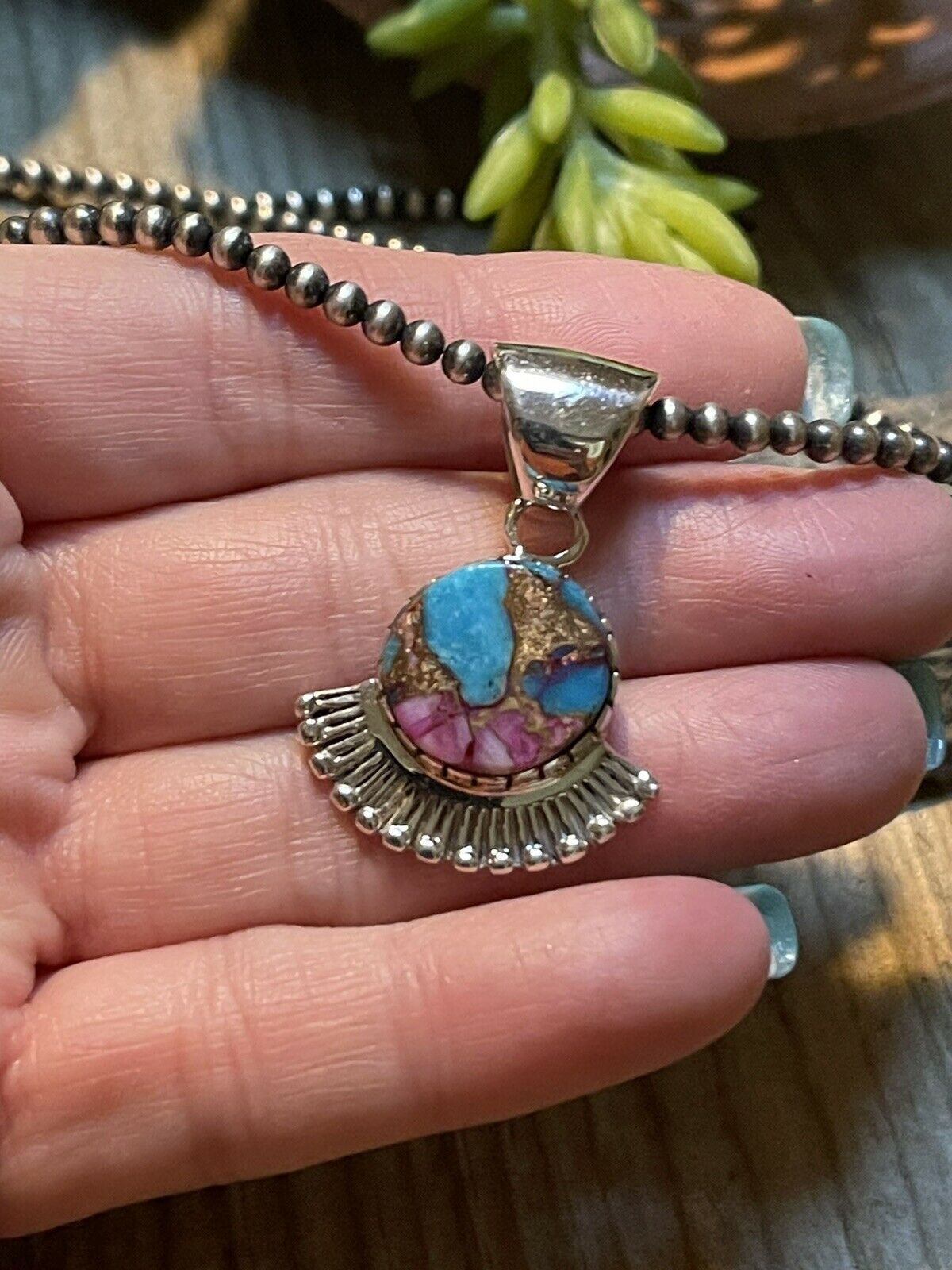 Handcrafted Pink Dream Mojave & Sterling Silver Fancy Fan Pendant