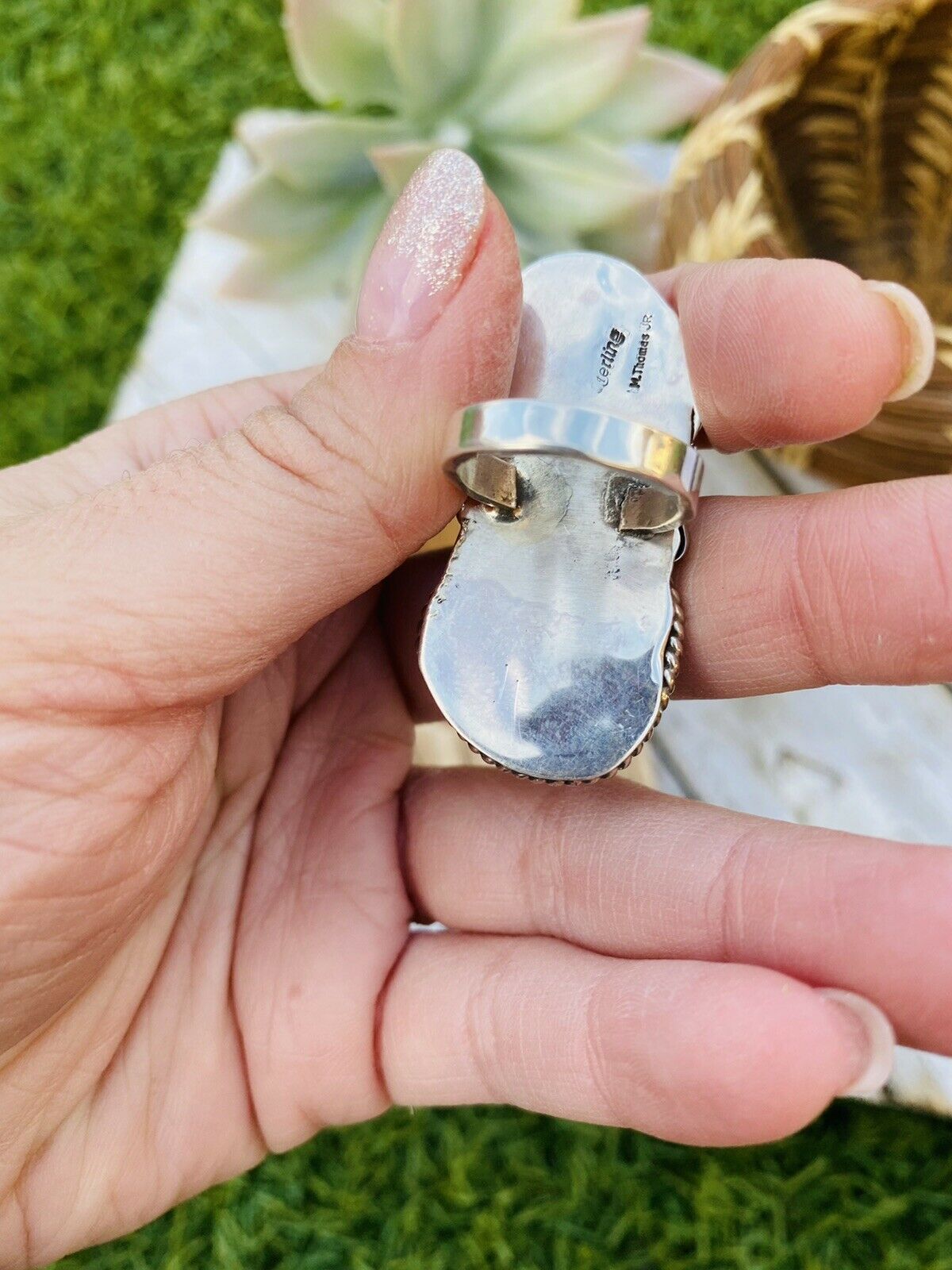 Handcrafted Turquoise, Coral & Sterling Silver Ring Size 5