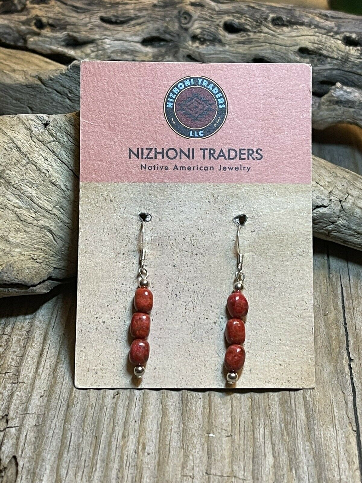 Handcrafted Sterling Silver 3 Stone Apple Coral Dangle Earrings