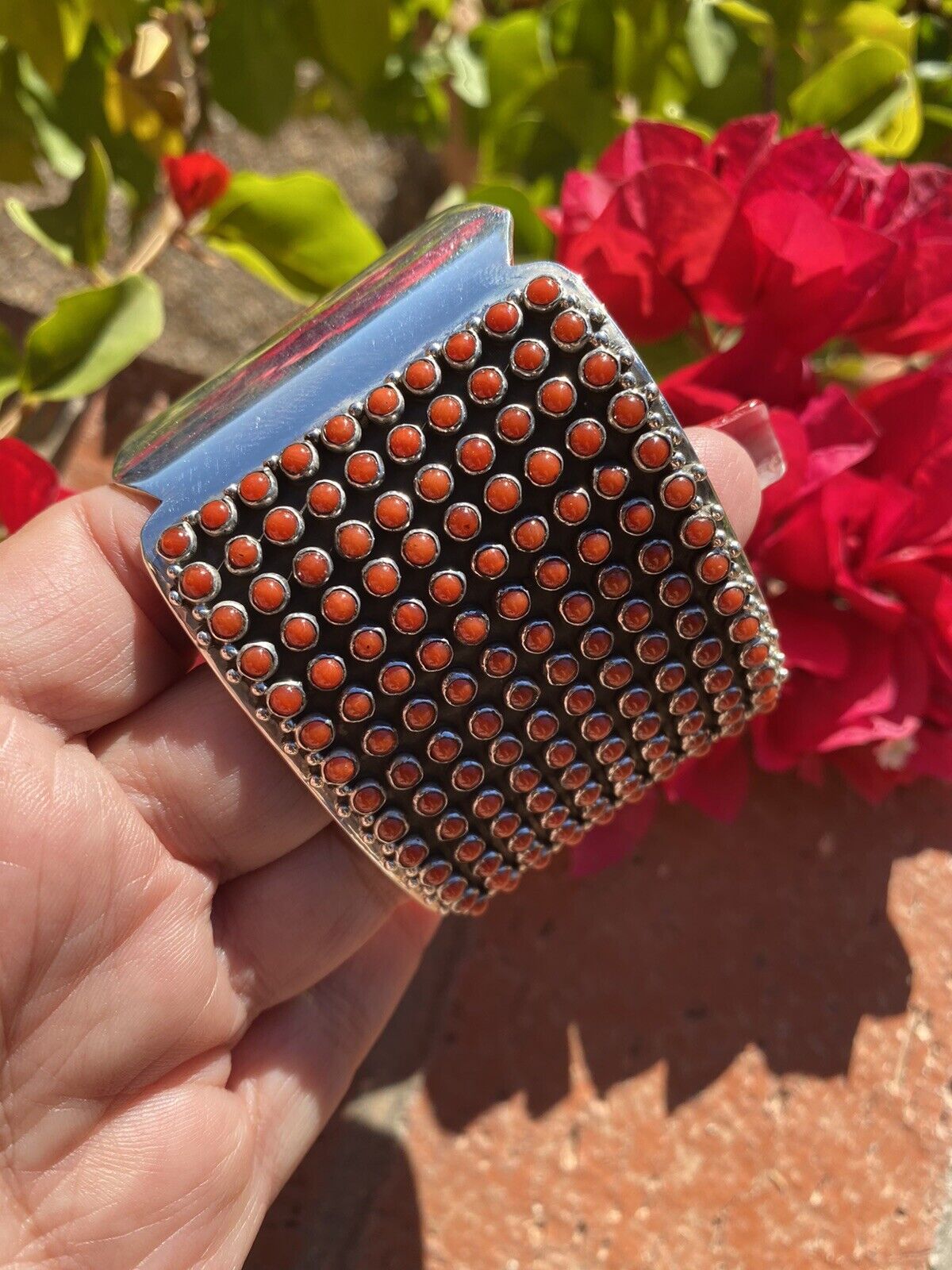 Navajo Natural Coral & Sterling Silver Cuff Bracelet By Paul Livingston /
