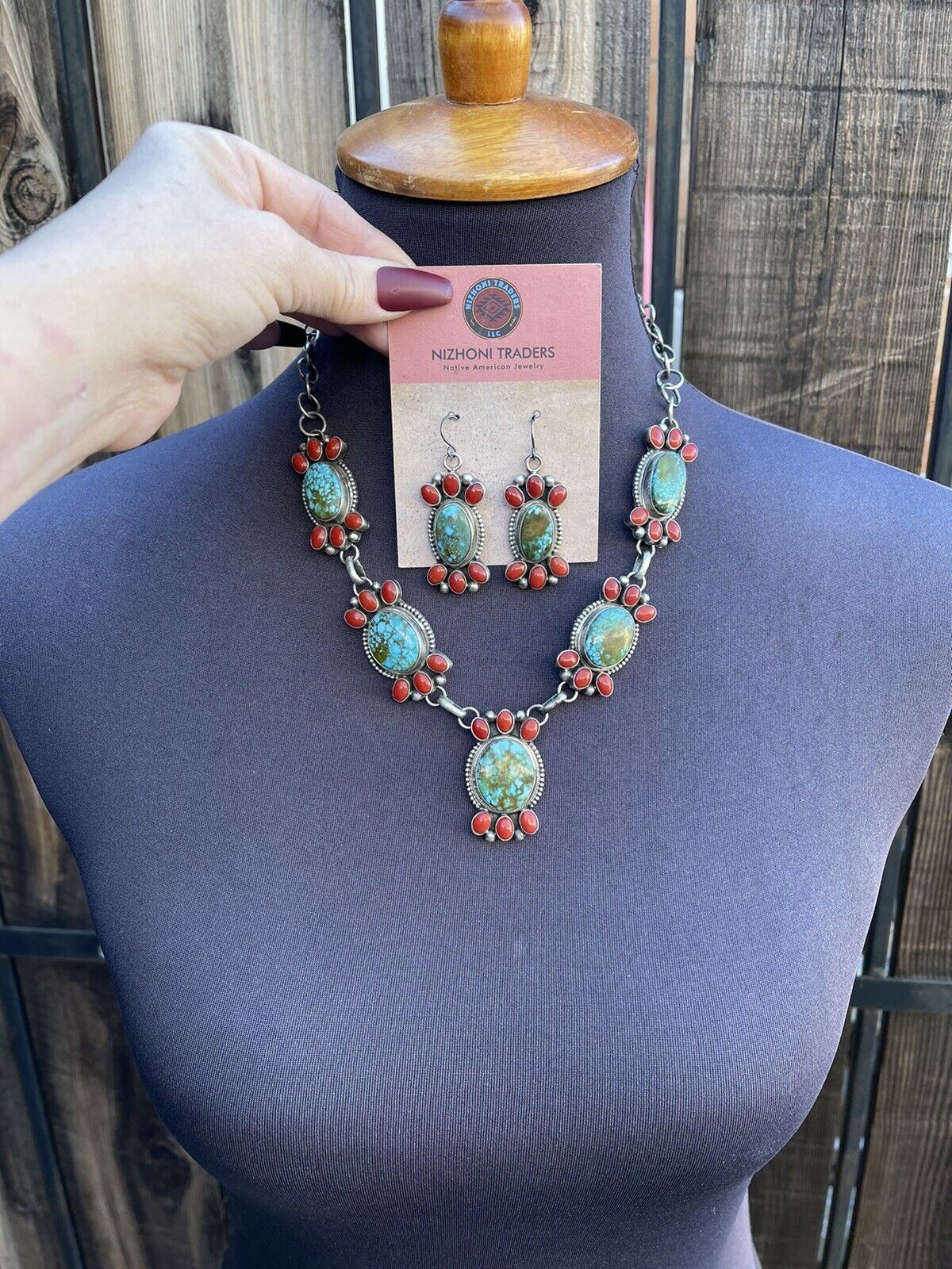 Handcrafted Sterling Kingman Turquoise Natural Red Coral Necklace Set Taos Collection