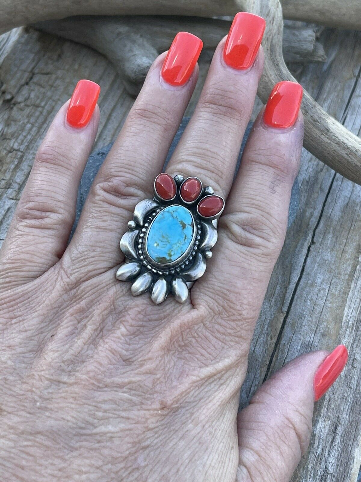 Navajo Sterling Kingman Web Turquoise & Red Coral Taos Collection Ring by Danny Clark, Sz 7.5