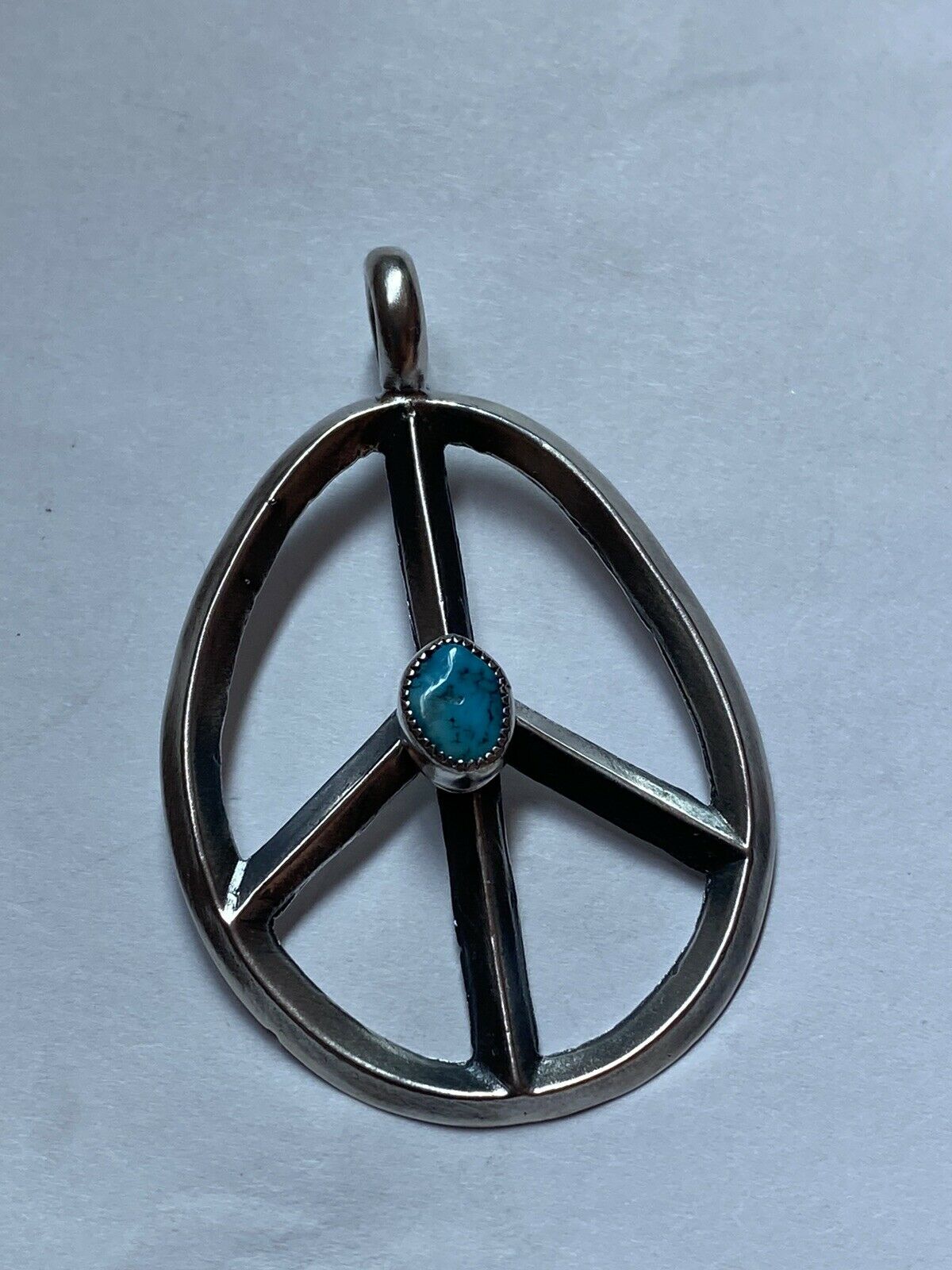 Handcrafted Sterling Silver & Kingman Turquoise Peace Sign Pendant Signed