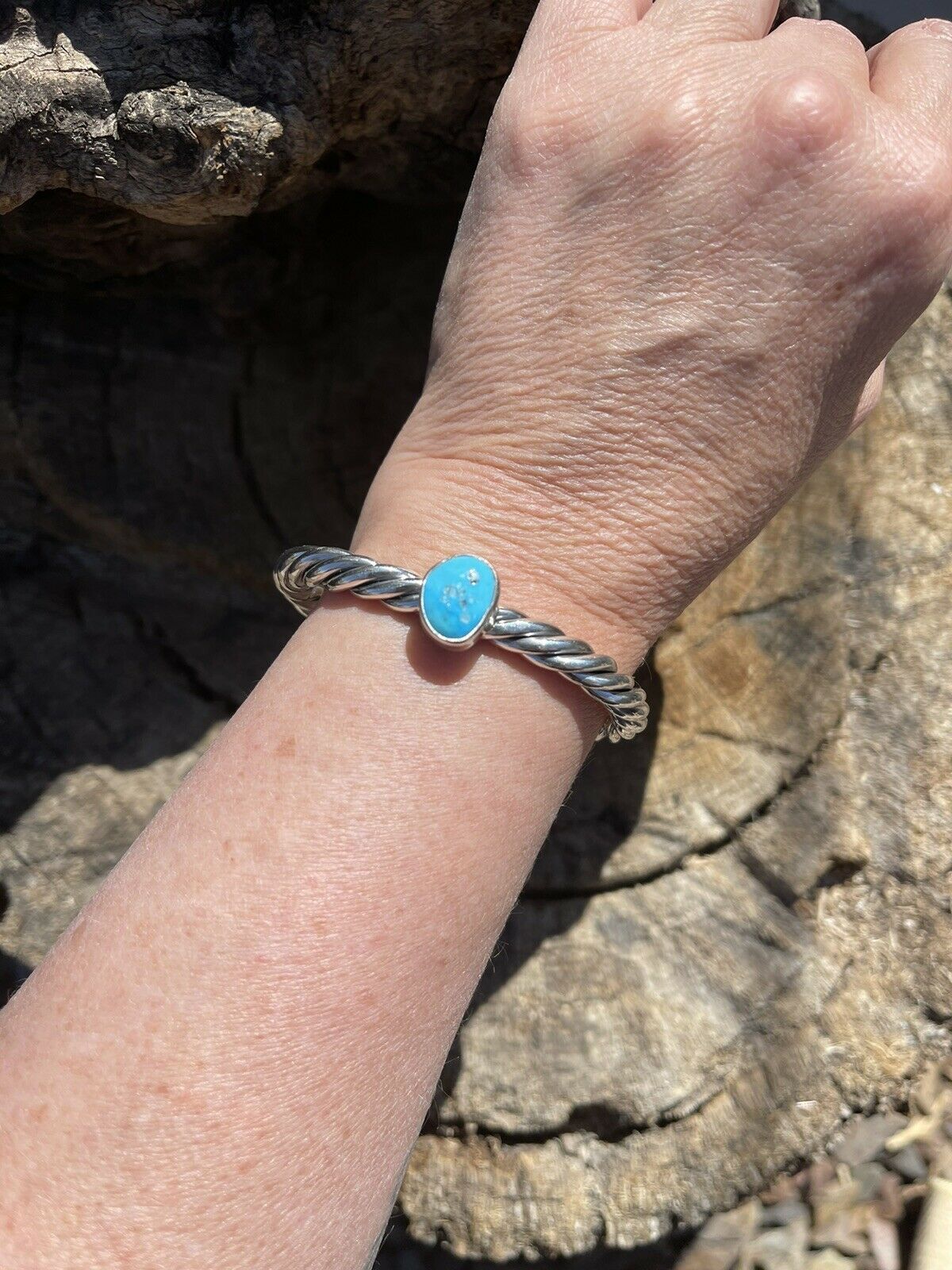 Handcrafted Sterling Silver Rope Twist Natural Turquoise Cuff Bracelet
