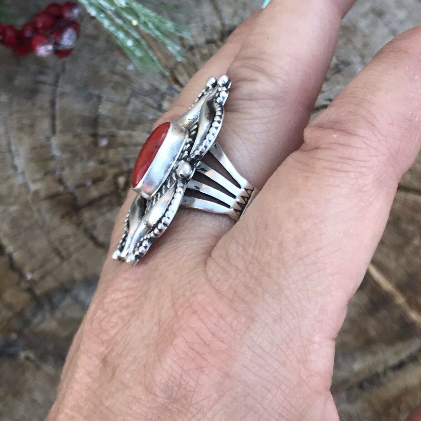 Handcrafted Sterling Silver Natural Red Coral Ring Artist L. James