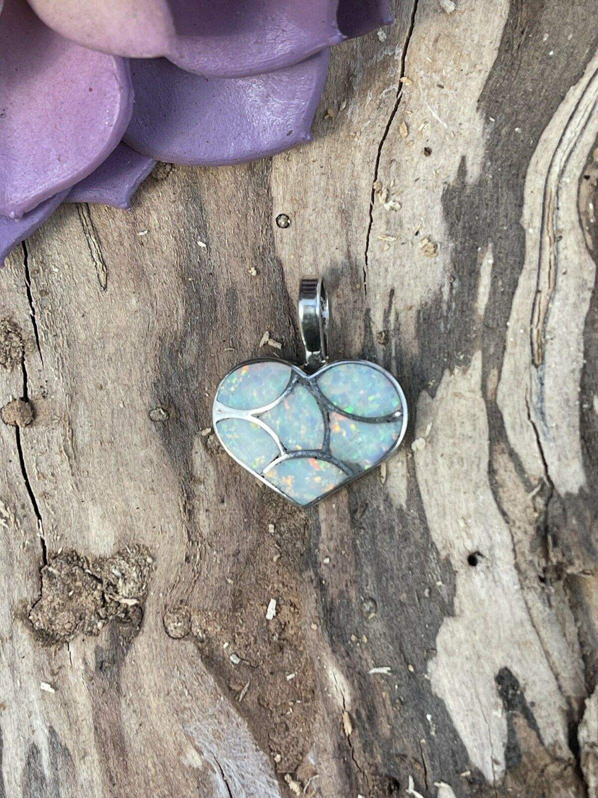 Handcrafted Iridescent White Opal & Sterling Silver Heart Pendant