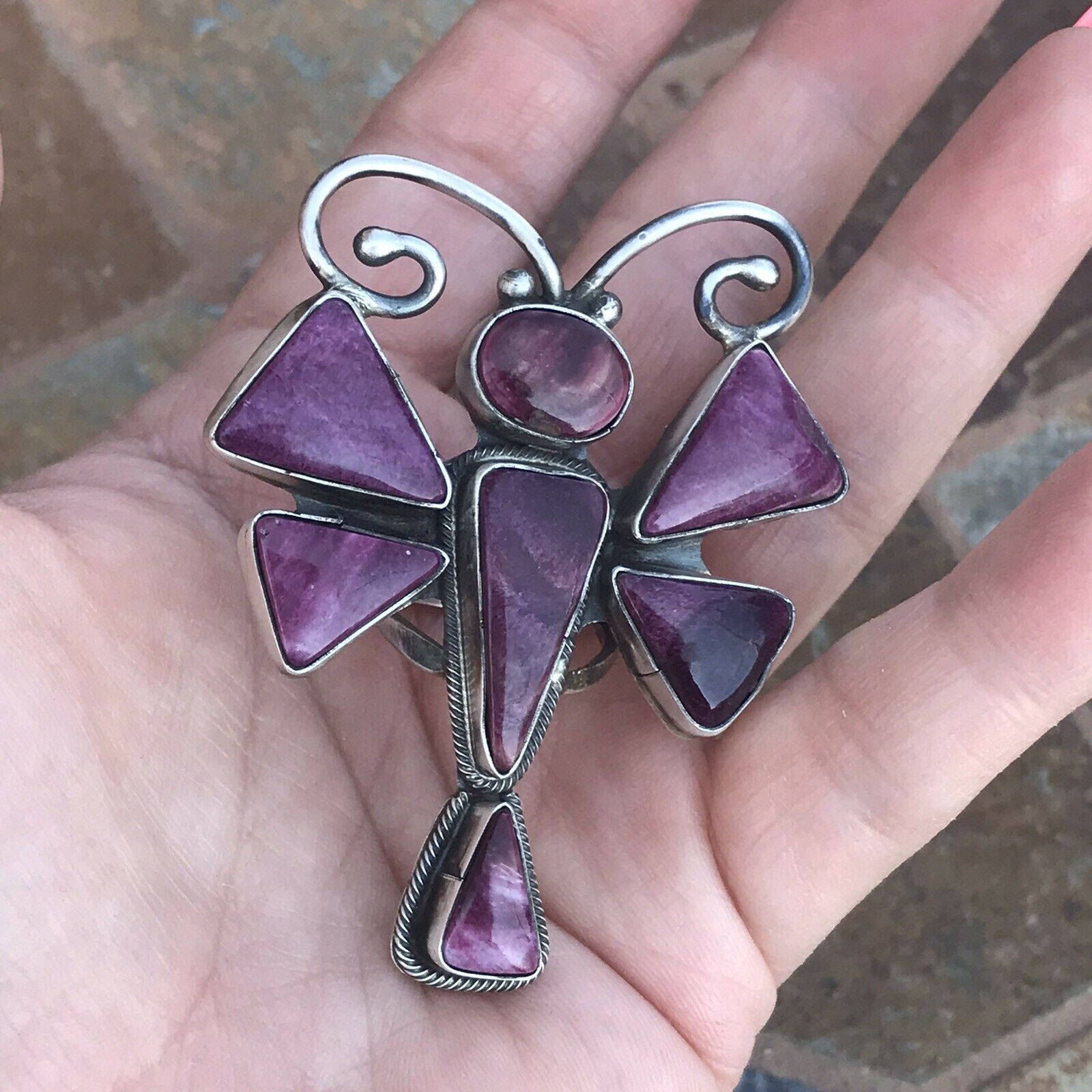 Handcrafted Sterling Silver Purple Spiny Oyster Dragonfly Ring Sz 6.5