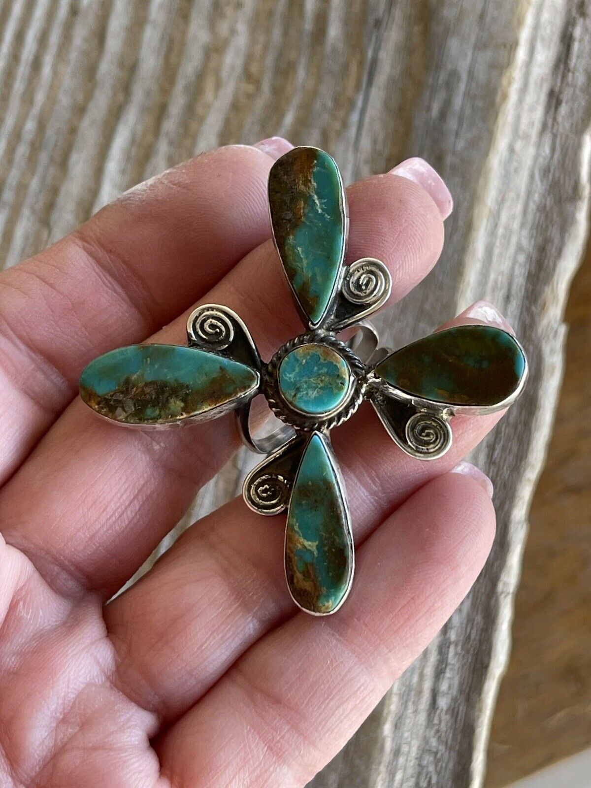 Handcrafted Sterling Silver & Royston Turquoise Scroll Petal Ring Size 8. Signed