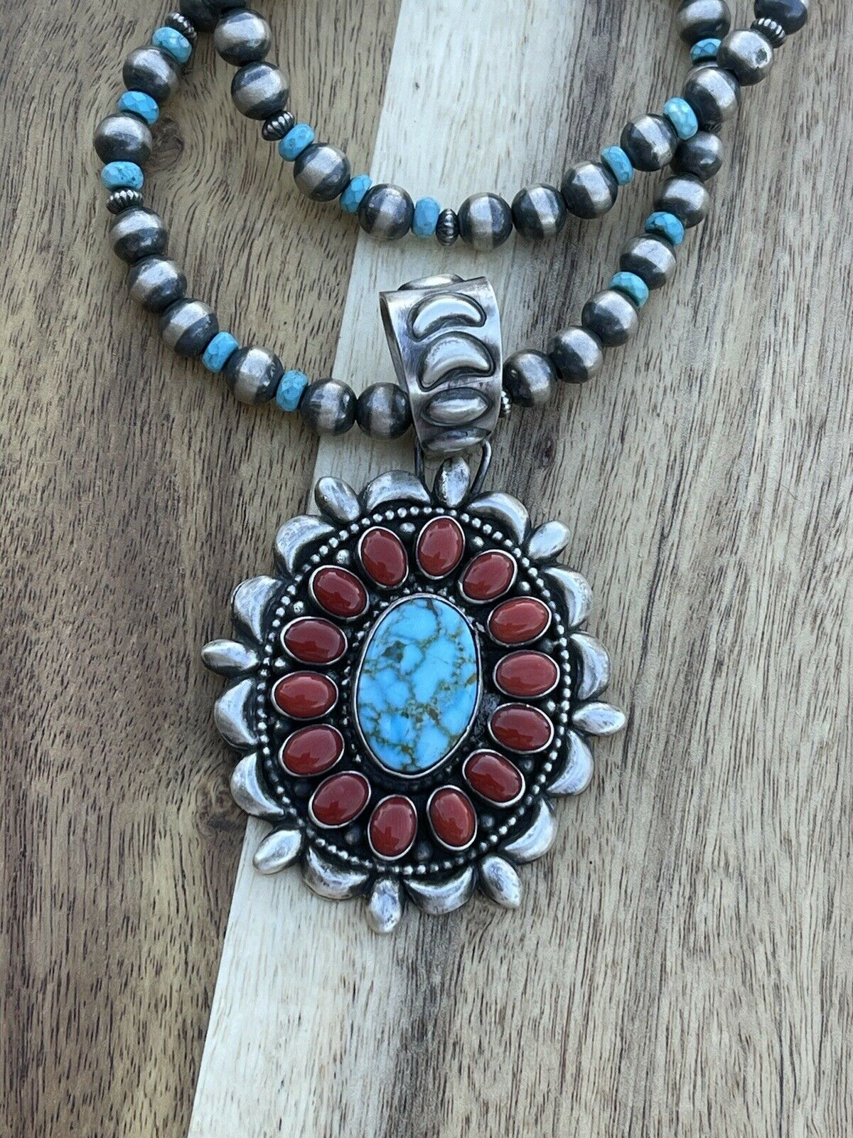 Handcrafted Kingman Web Turquoise & Red Coral Taos Ornate Pendant D. Clark