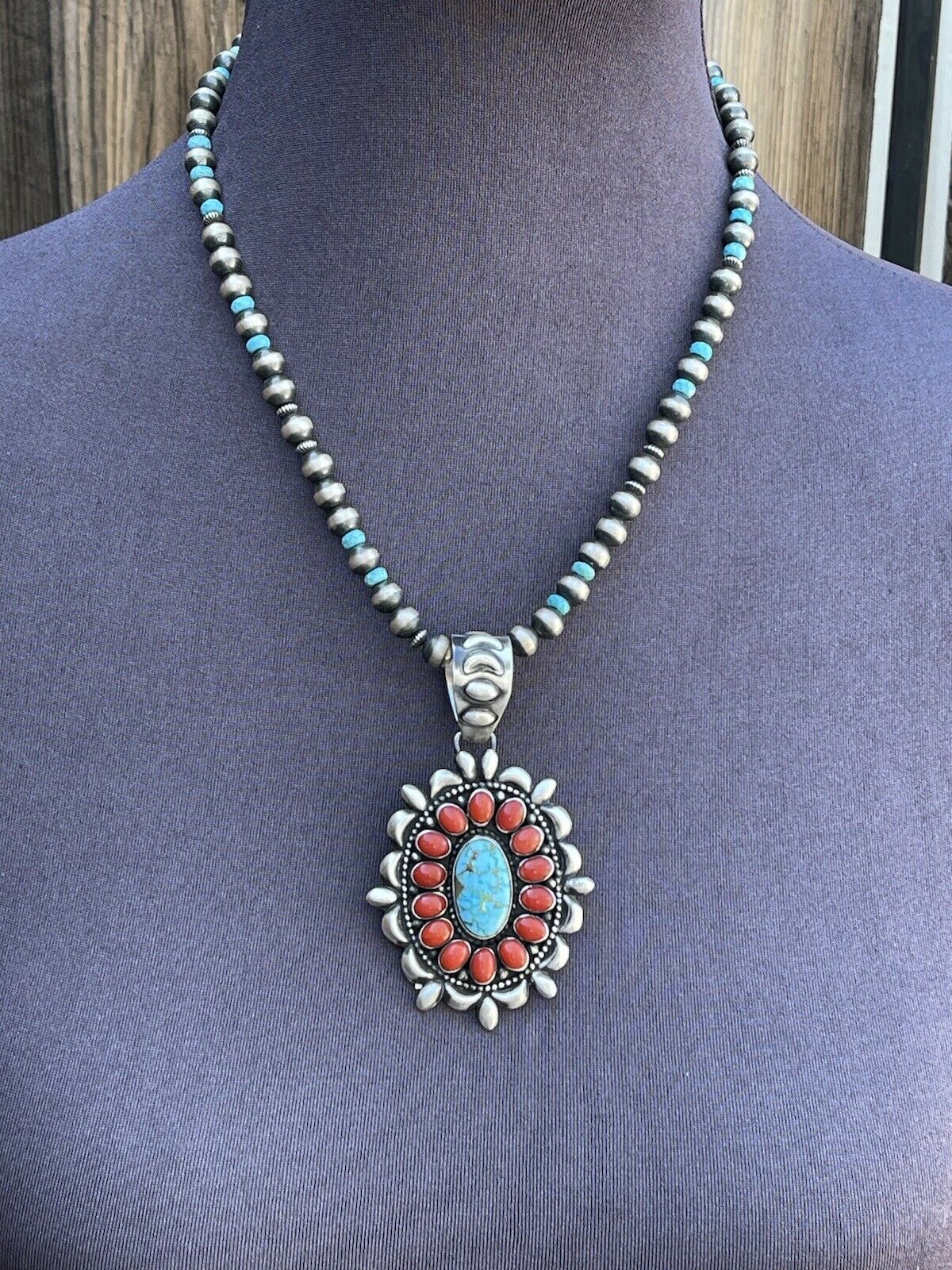 Handcrafted Sterling Kingman Web Turquoise & Red Coral Taos Ornate Pendant D. Clark