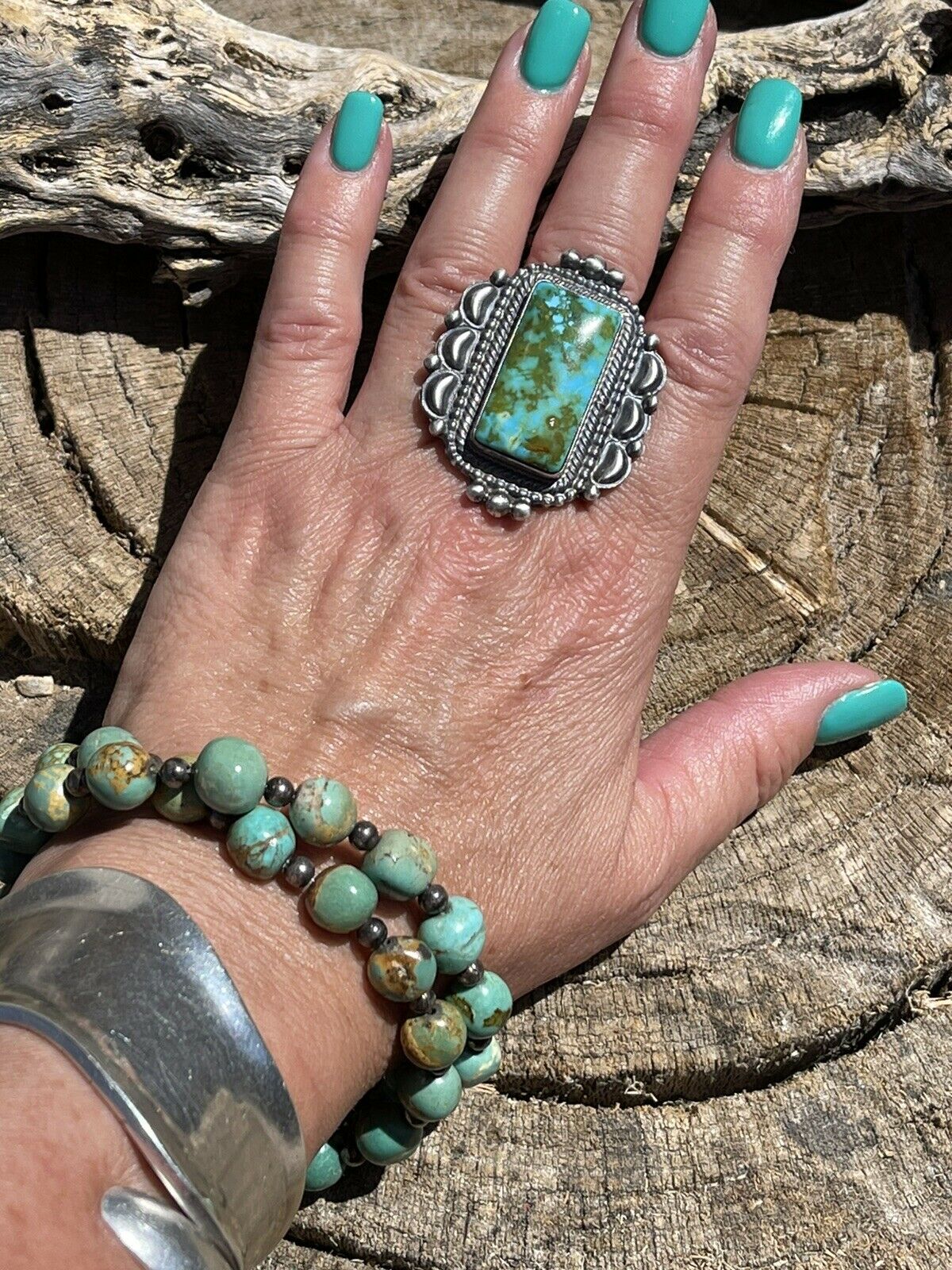 Handcrafted Sonoran Mountain Turquoise & Sterling Silver Statement Ring Size 9.5