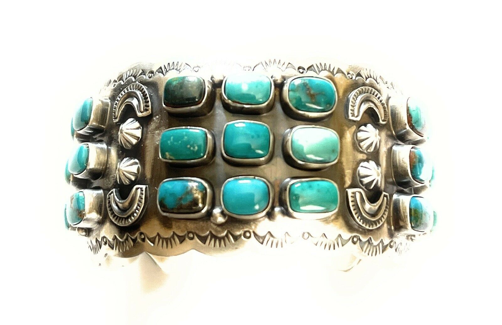 Stunning Turquoise Cluster & Sterling Silver Cuff Signed /