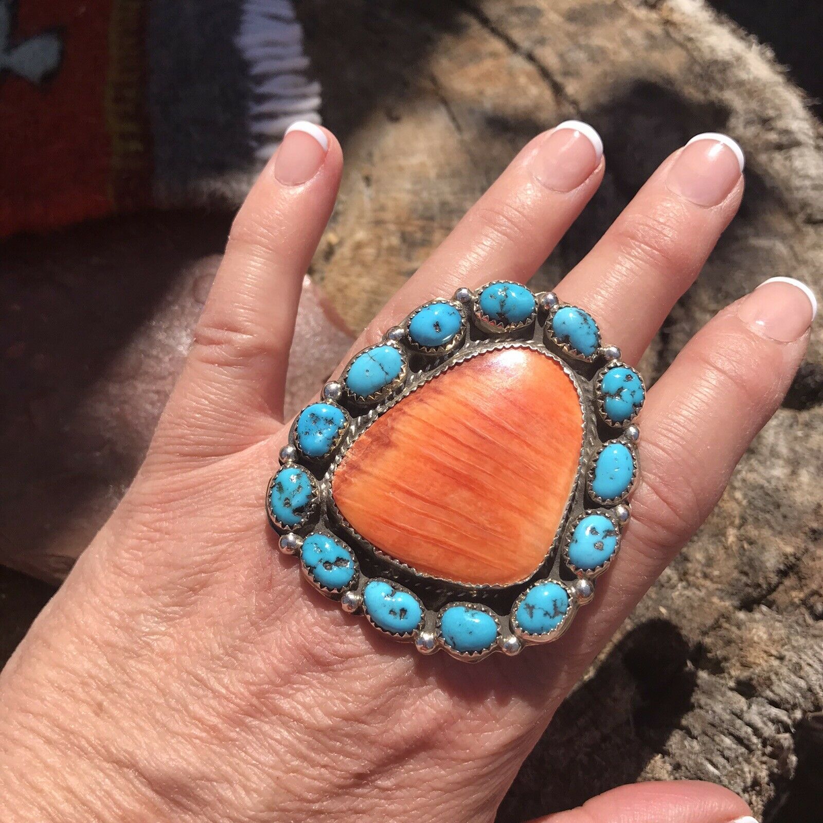 Handcrafted Cluster Turquoise Spiny Oyster Sterling Silver Ring Sz 8