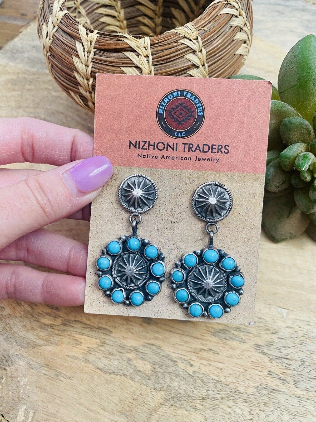 Handcrafted Turquoise & Sterling Silver Concho Dangle Earrings Signed