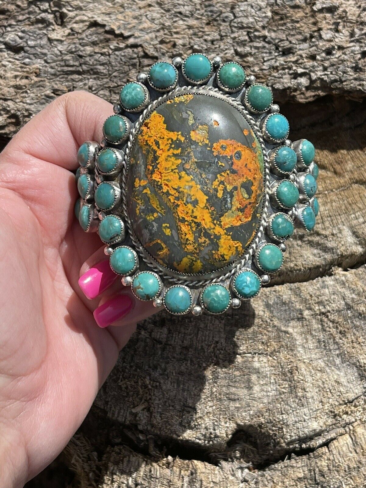 Navajo Sterling Silver Bumblebee & Turquoise Cluster Cuff Bracelet /