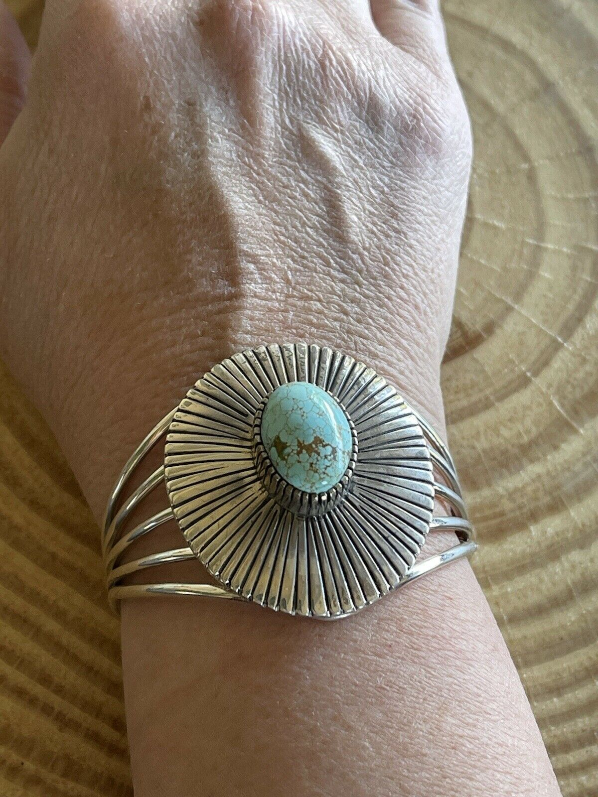 Handcrafted Sterling Silver & Number 8 Turquoise Signed Lined Cuff Signed