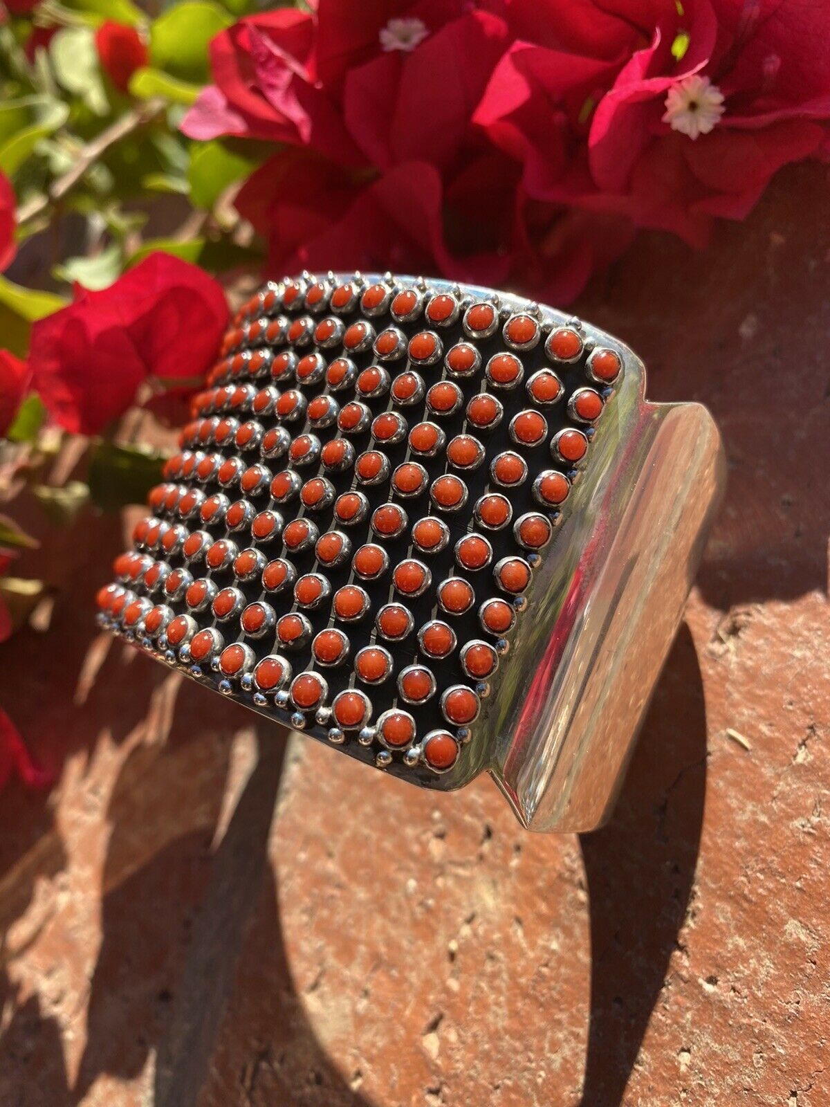 Navajo Natural Coral & Sterling Silver Cuff Bracelet By Paul Livingston /
