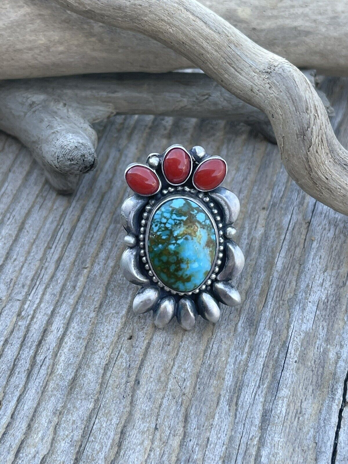 Navajo Sterling Kingman Web Turquoise & Red Coral Taos Collection Ring by Danny Clark, Sz 6.5