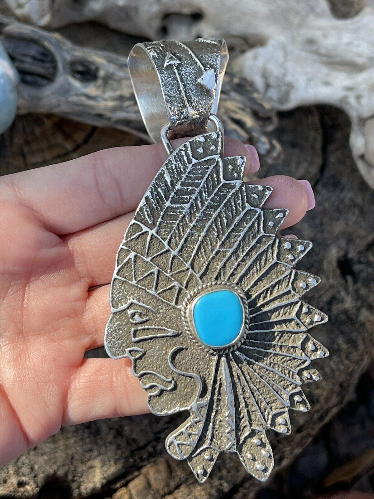 Handcrafted Sterling Silver & Kingman Turquoise Indian Chief Sand Cast Pendant Sign