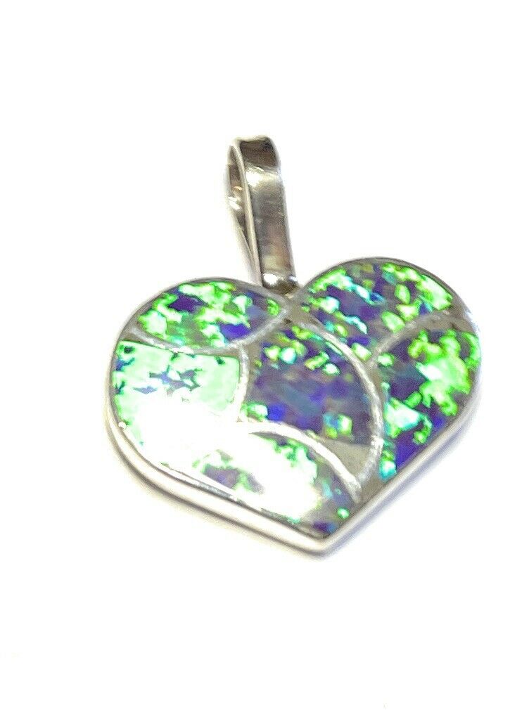 Handcrafted Iridescent Green Opal & Sterling Silver Heart Pendant