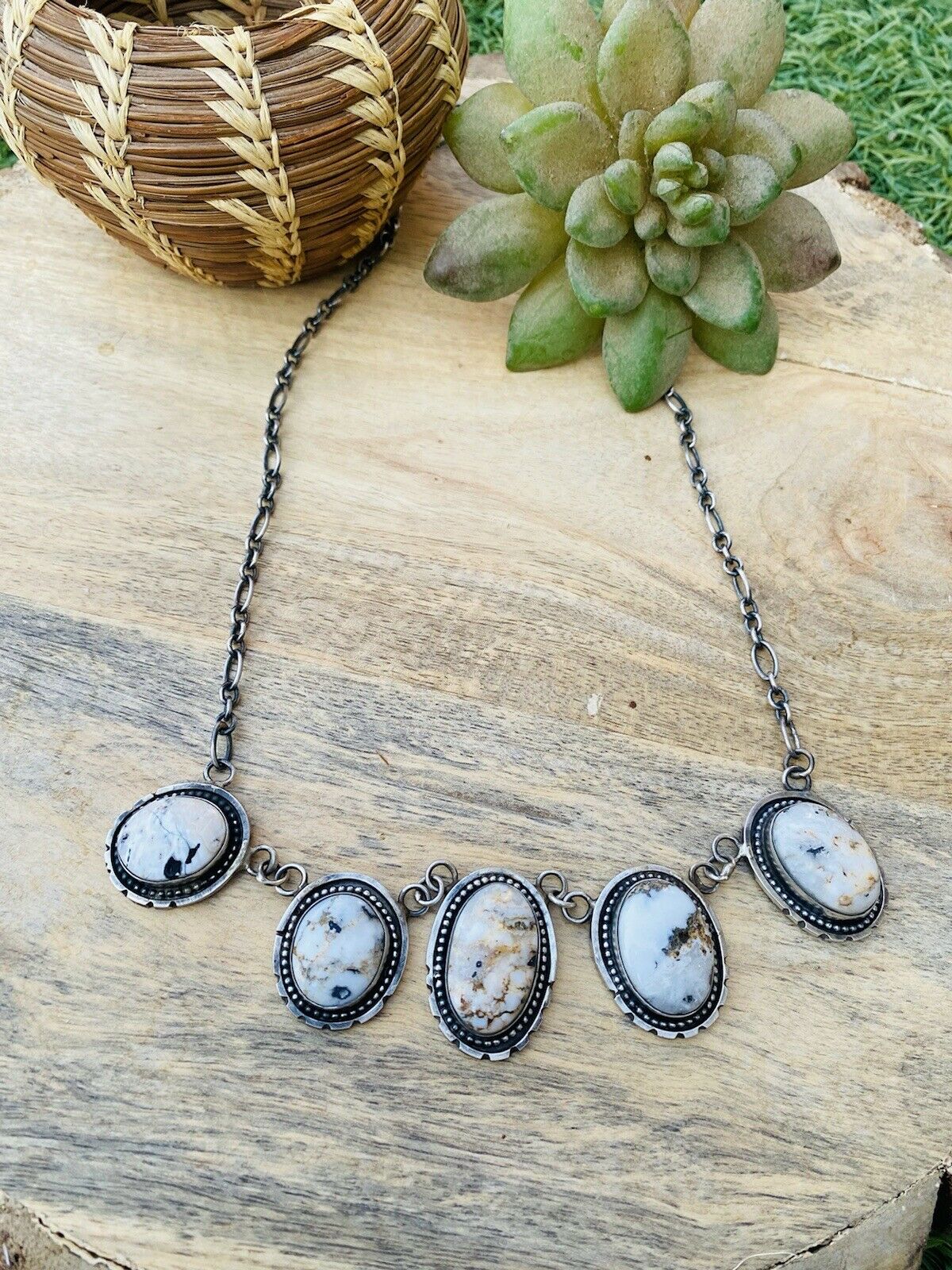 Handcrafted White Buffalo & Sterling Silver Necklace Signed