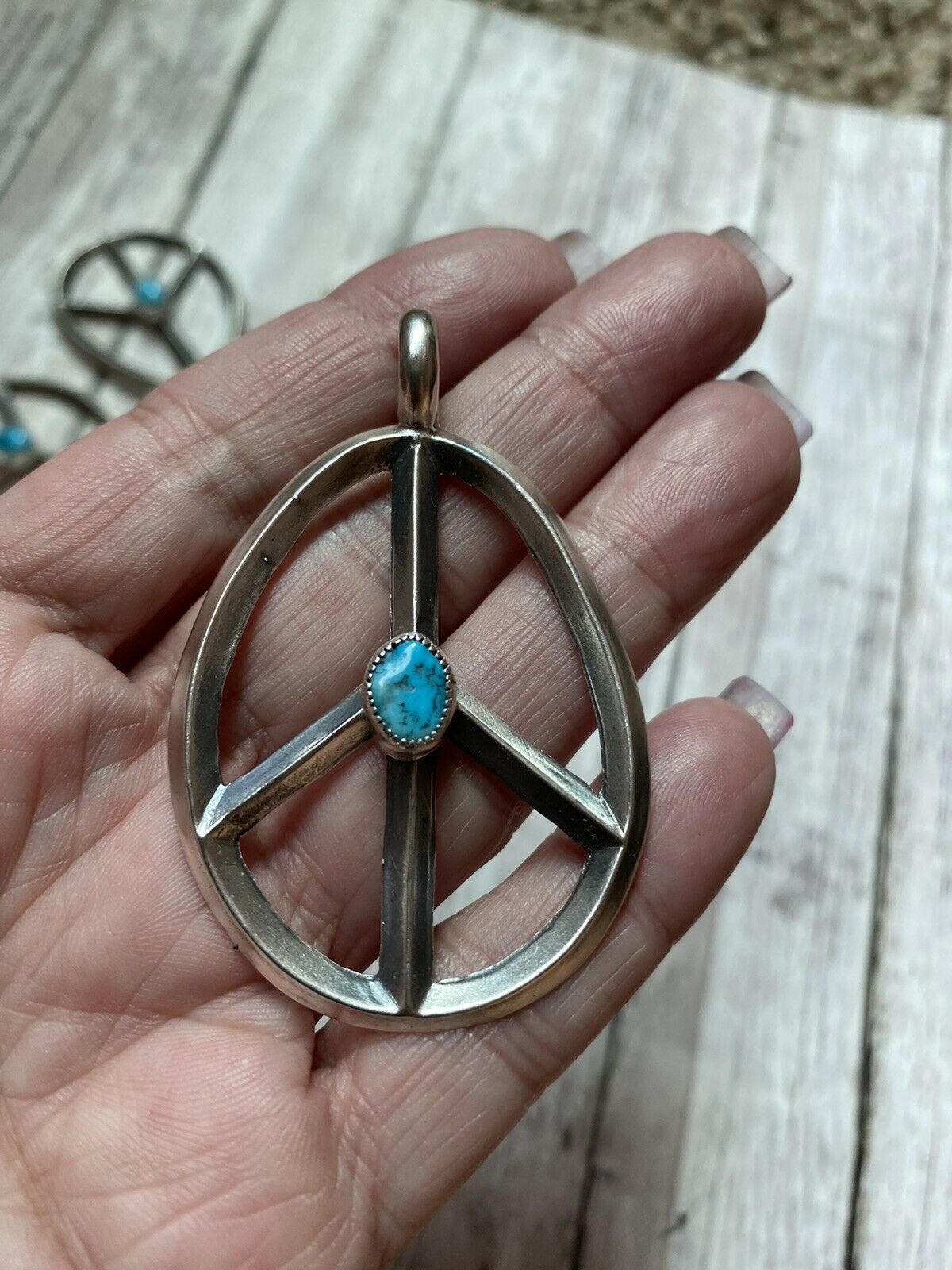 Handcrafted Sterling Silver & Kingman Turquoise Peace Sign Pendant Signed