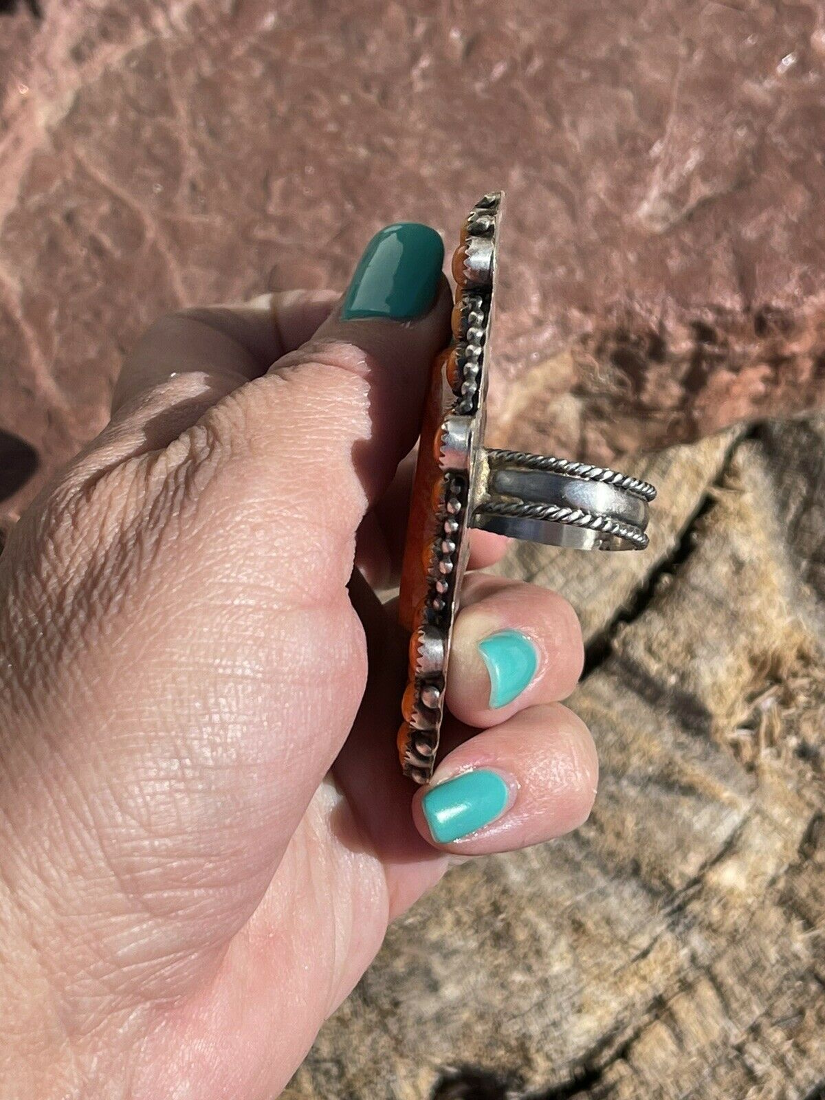 Handcrafted Sterling Silver Orange Spiny Cluster Jumbo Ring Sz 9