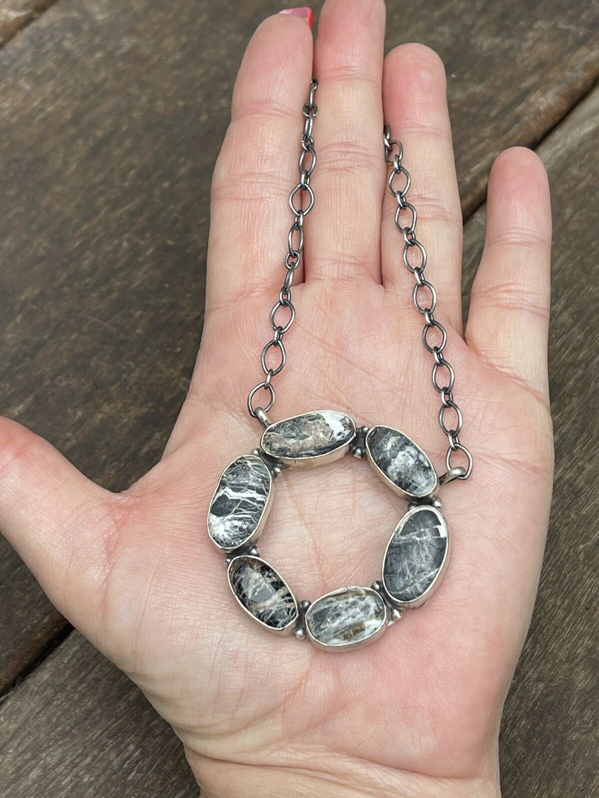 Handcrafted White Buffalo & Sterling Silver Circle Cluster Necklace Signed