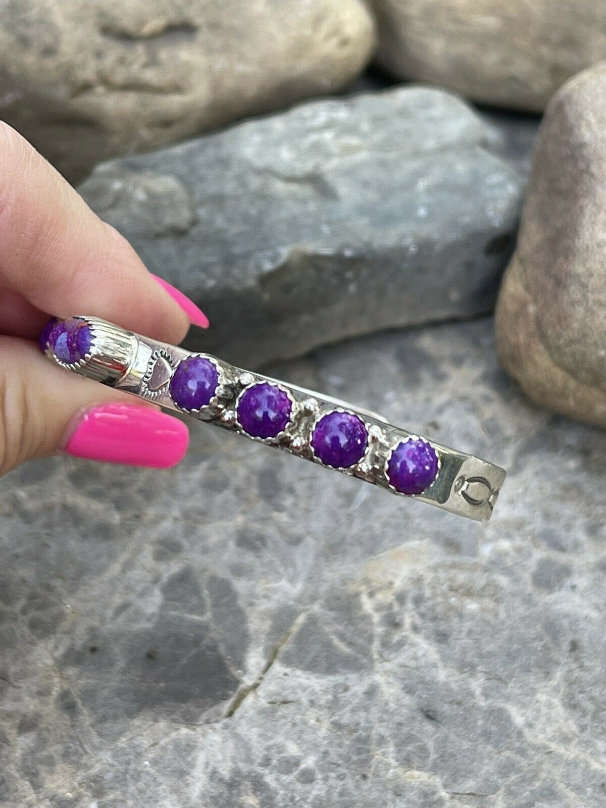 Handcrafted Purple Spiny Sterling Silver Heart Cuff Bracelet Stamped G. Boyd