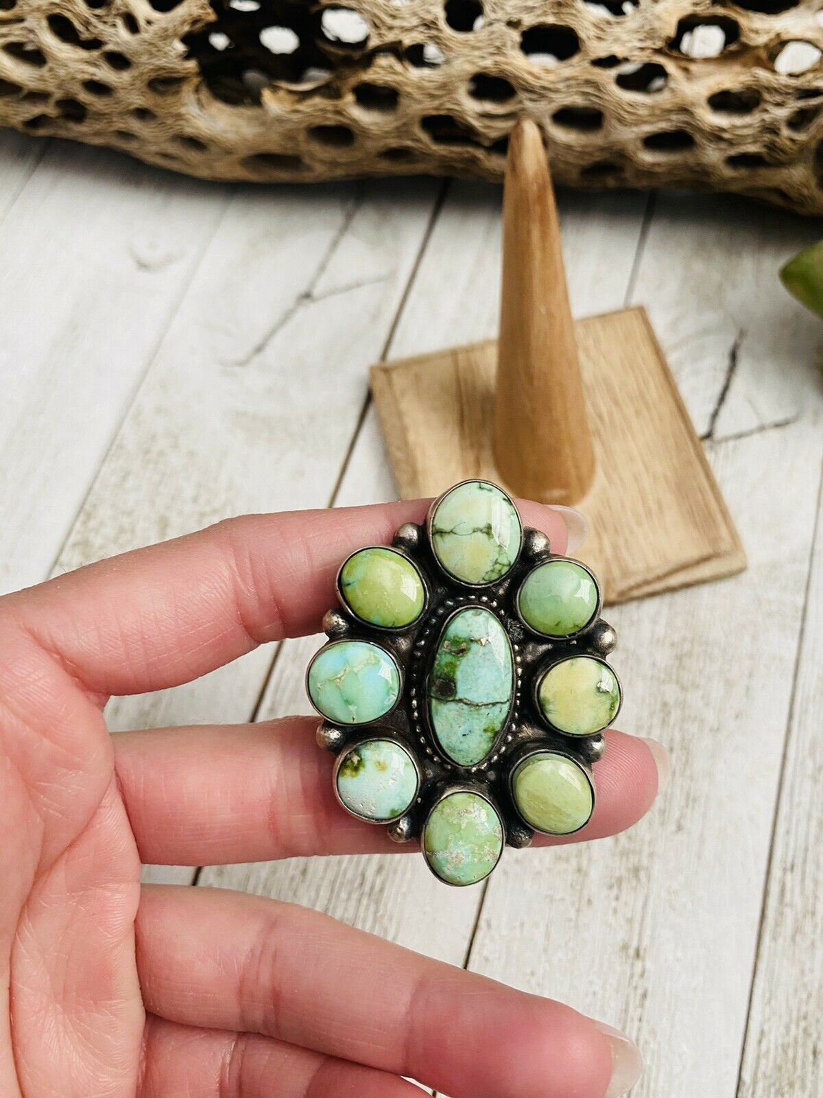 Handcrafted Sonoran Gold Turquoise & Sterling Silver Cluster Ring Size 7 Signed