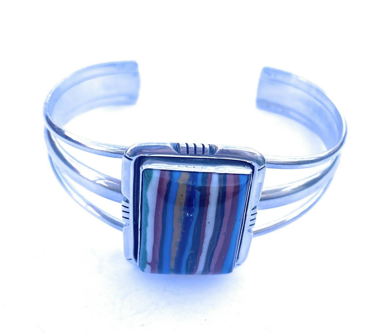 Handcrafted Sterling Silver & Rainbow Rectangle Cuff Bracelet