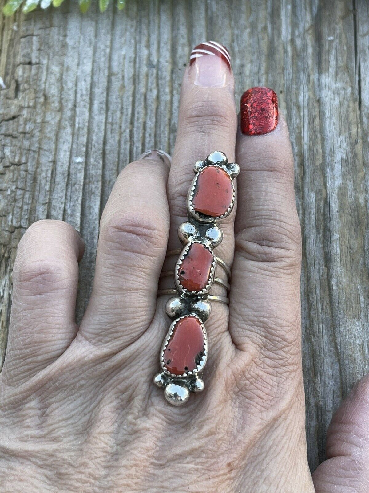 Handcrafted Sterling Silver Natural Coral Three Stone RIng Sz 5.5