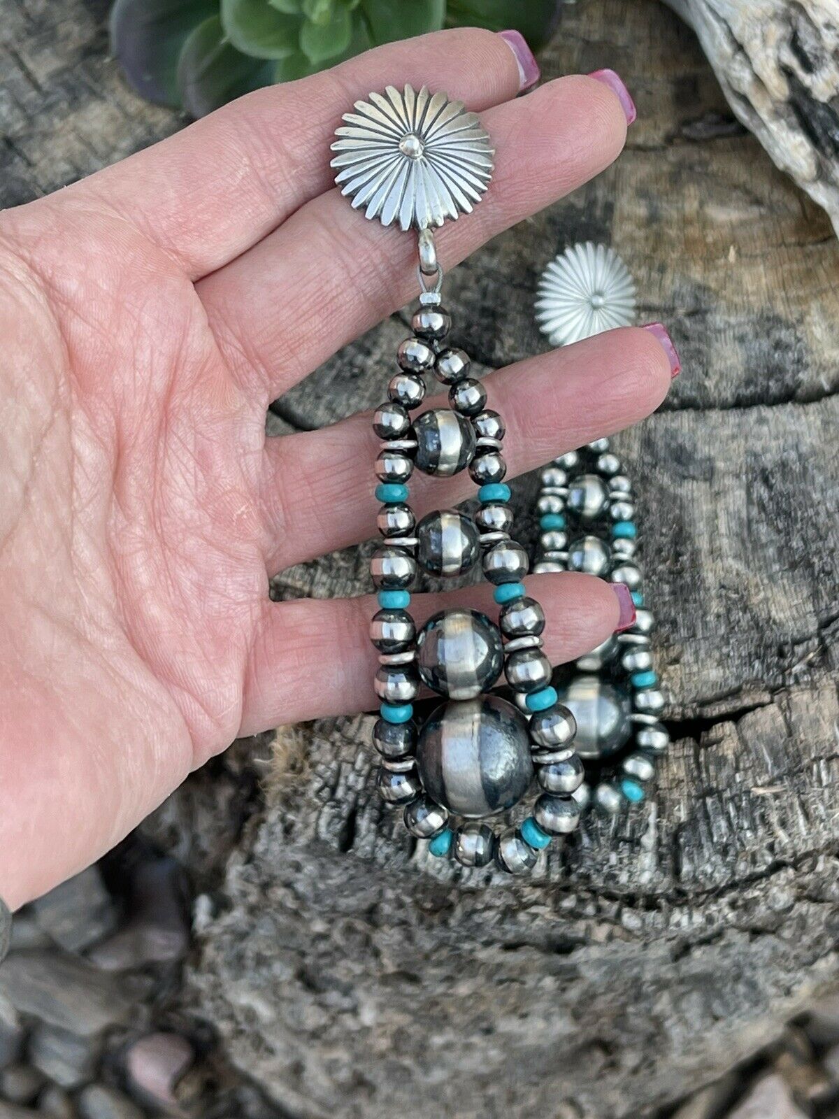 Handcrafted Sterling Silver Turquoise Gradual Bead Dangle Earrings