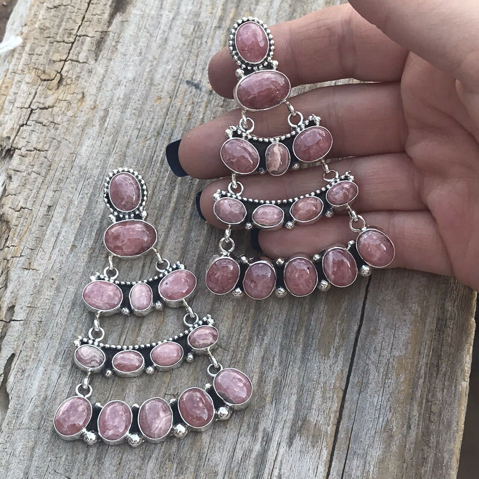 Sterling Silver Rhodochrosite Stone Dangle Earrings Artist E. Spencer