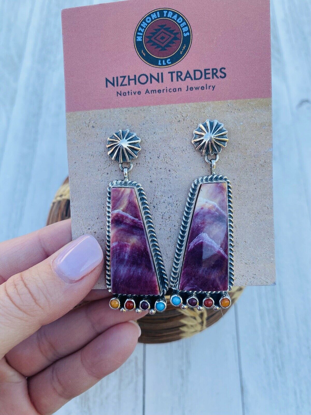 Handcrafted Sterling Silver, Purple Spiny & Turquoise Dangle Earrings Signed