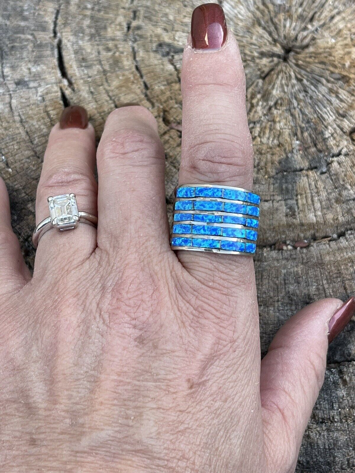 Handcrafted Sterling Silver Blue Opal 5 Row Inlay Ring