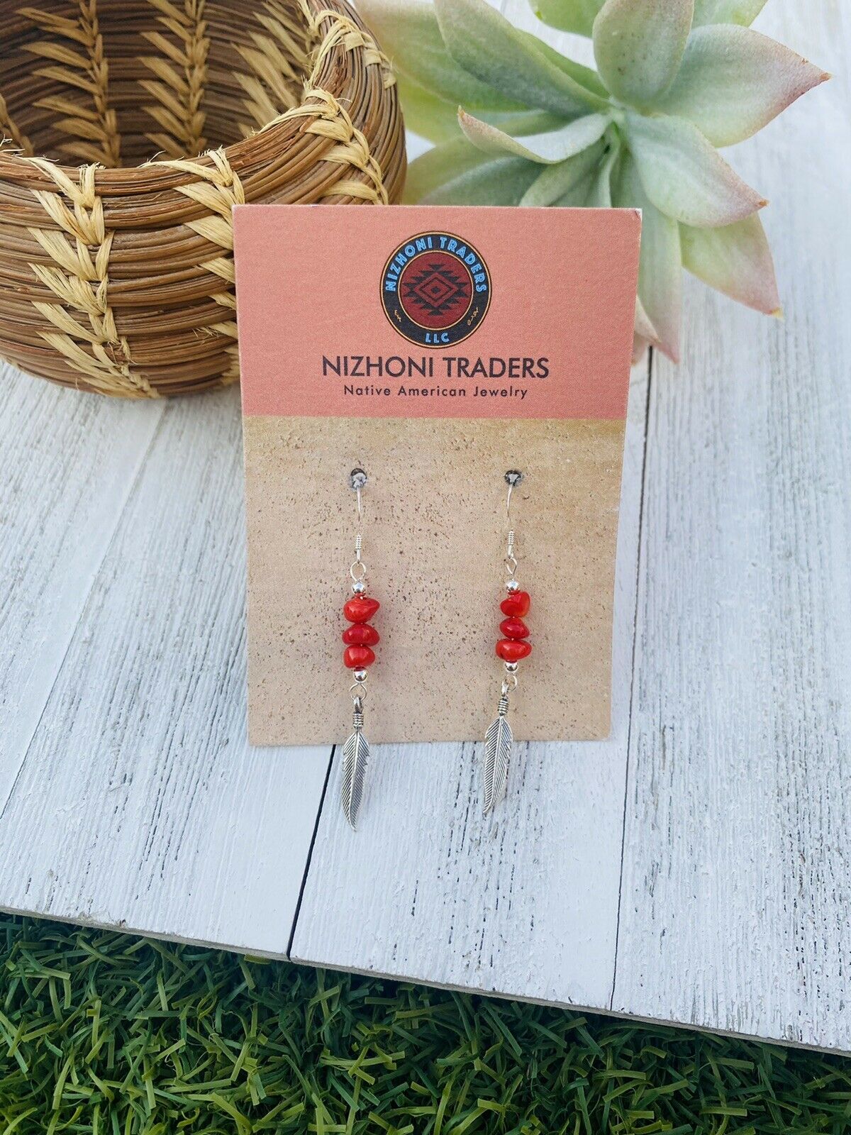 Handcrafted Coral & Sterling Silver Feather Dangle Earrings