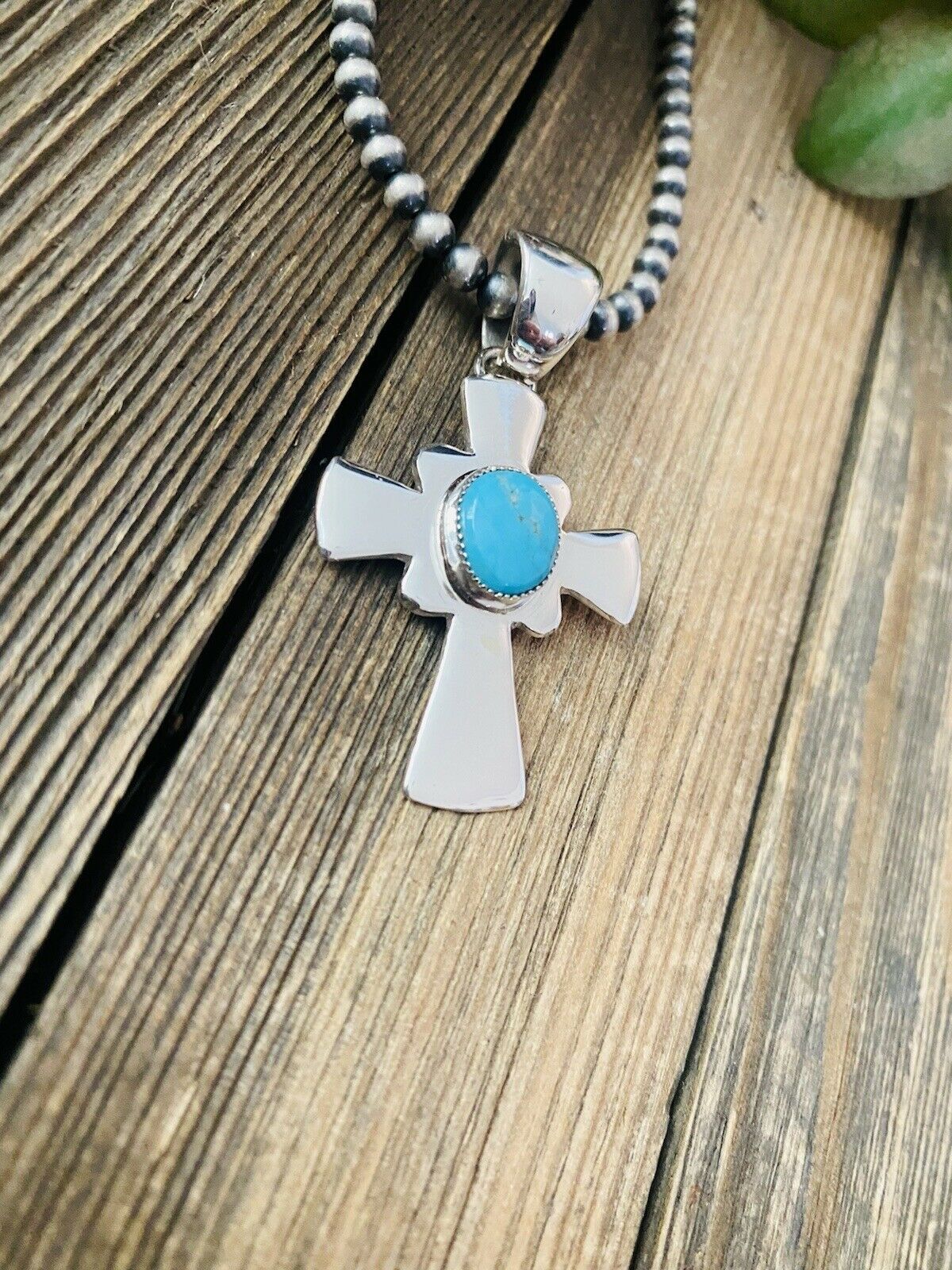 Handcrafted Sterling Silver & Turquoise Cross Pendant Signed