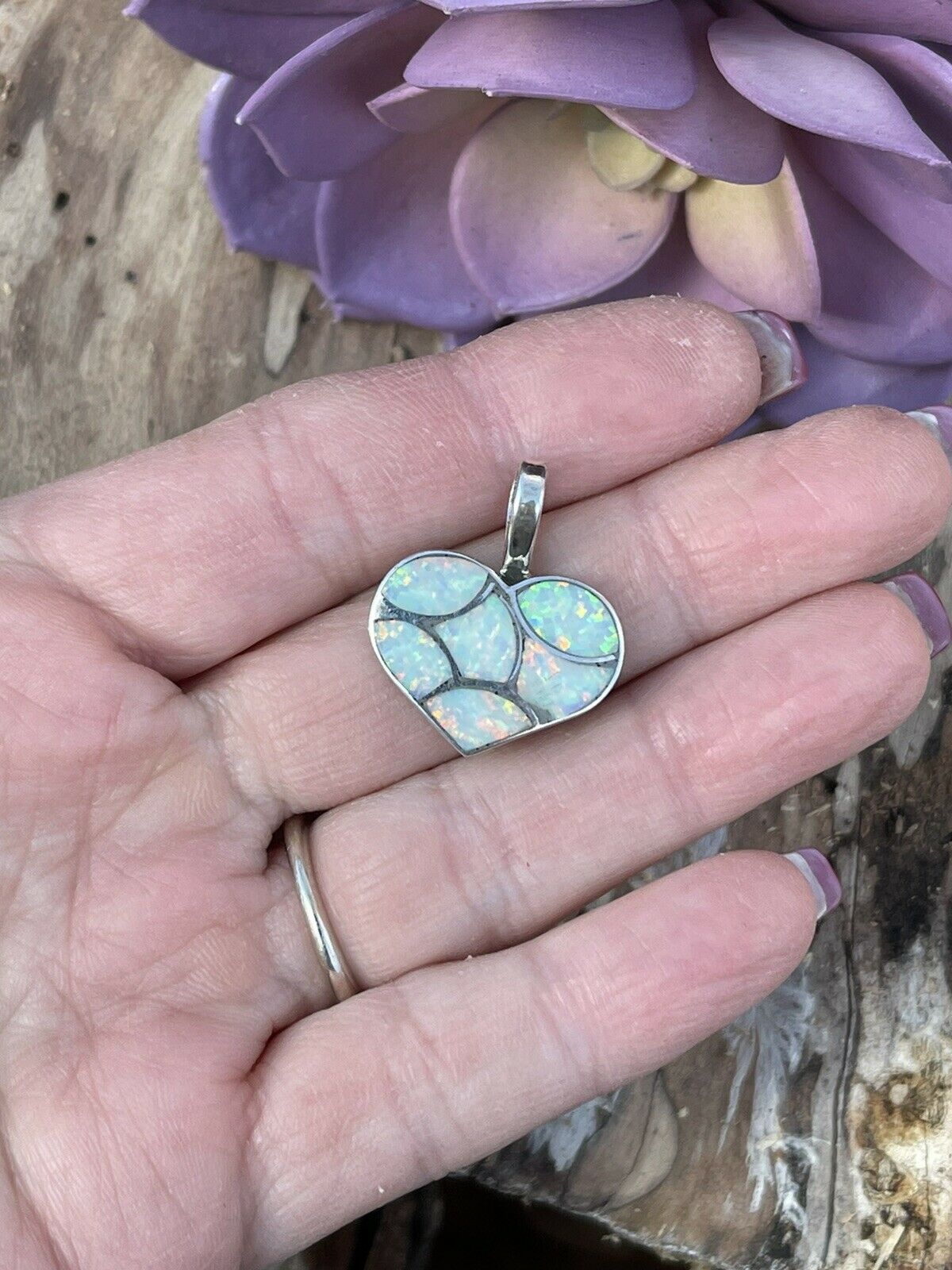 Handcrafted Iridescent White Opal & Sterling Silver Heart Pendant