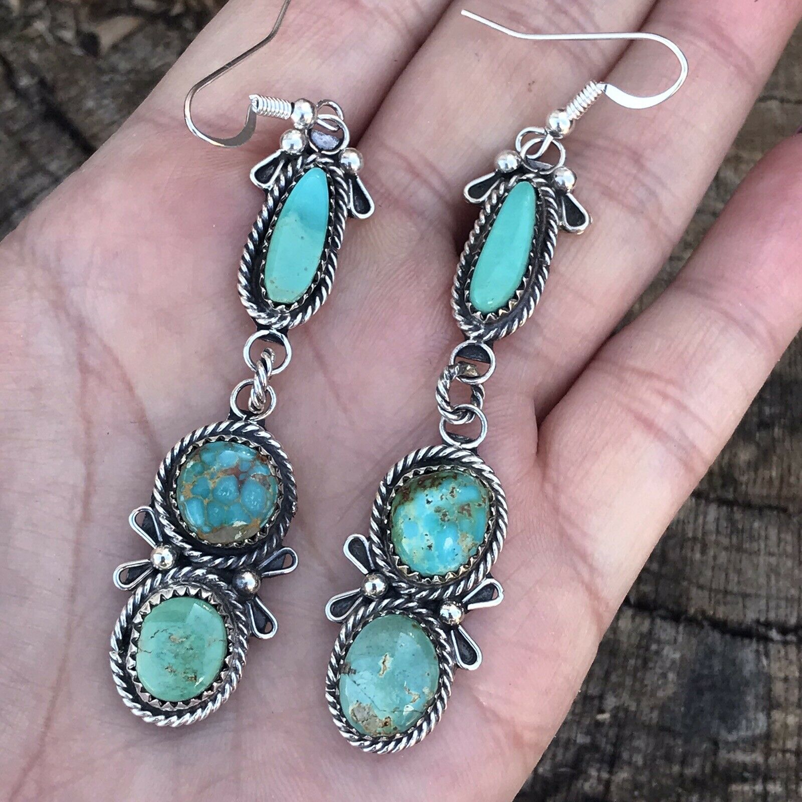 Handcrafted Mixed Turquoise & Sterling Silver Dangles Signed