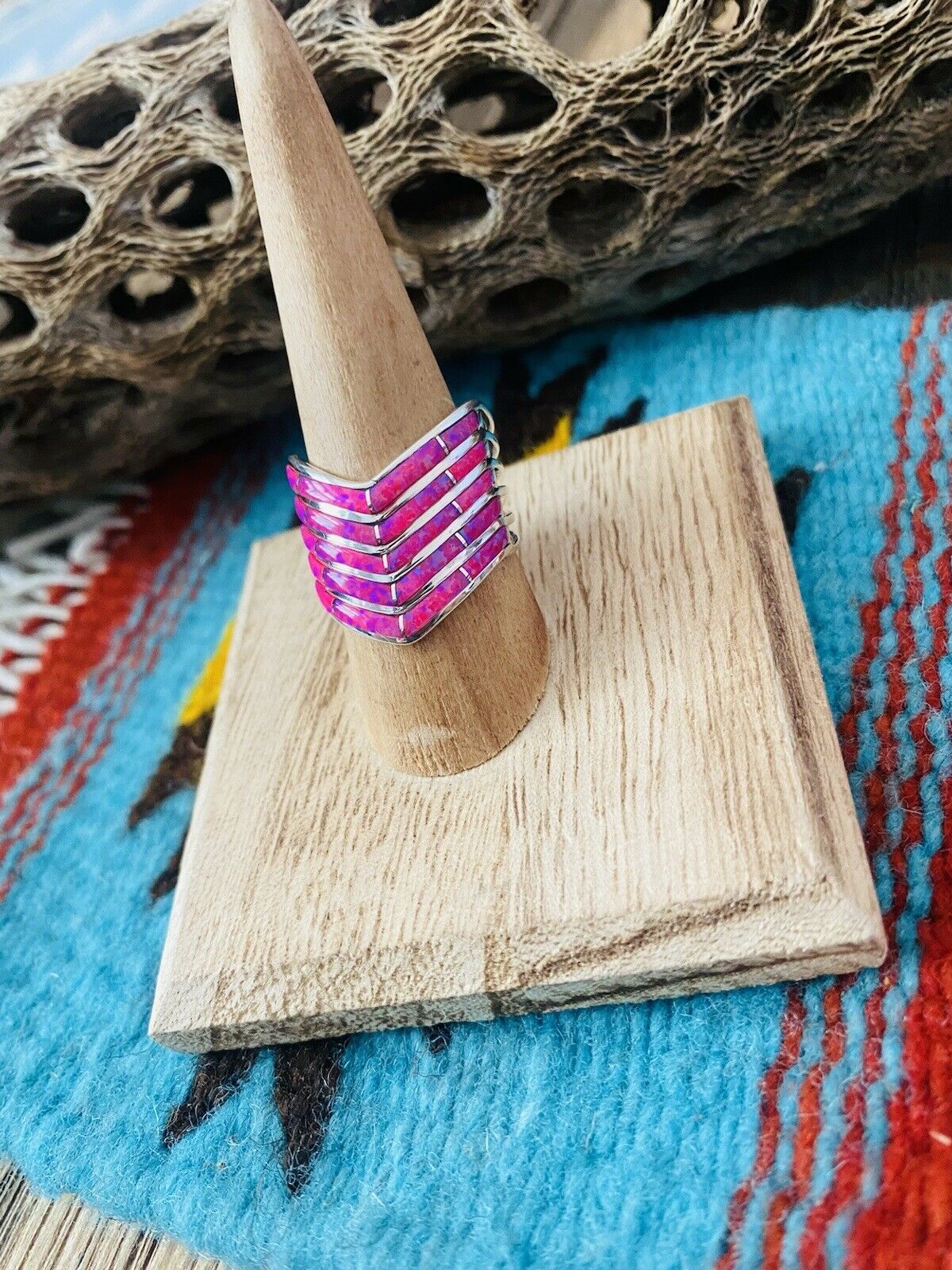 Handcrafted Sterling Silver & Pink Opal Inlay 5 Row Stacker Ring