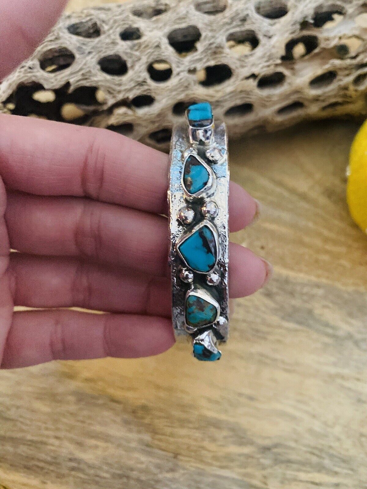 Navajo Turquoise & Sterling Silver Cuff Bracelet Signed NF