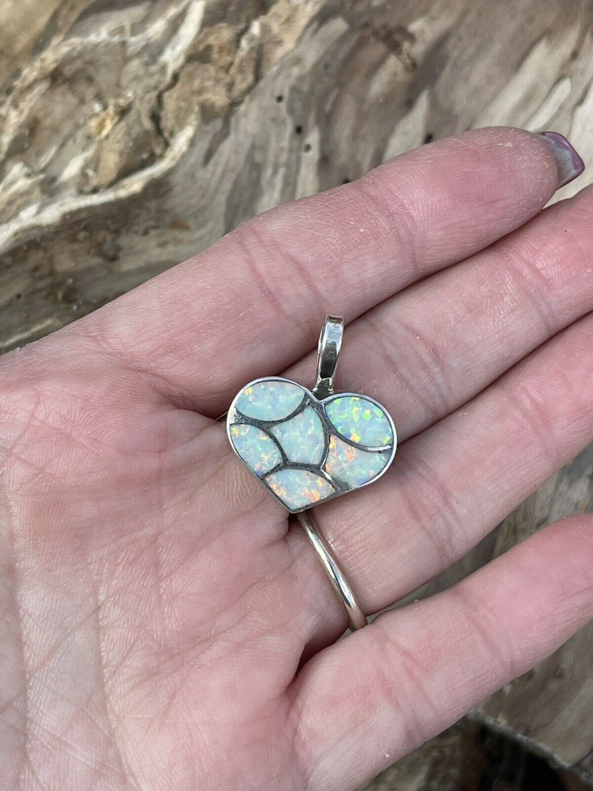 Handcrafted Iridescent White Opal & Sterling Silver Heart Pendant