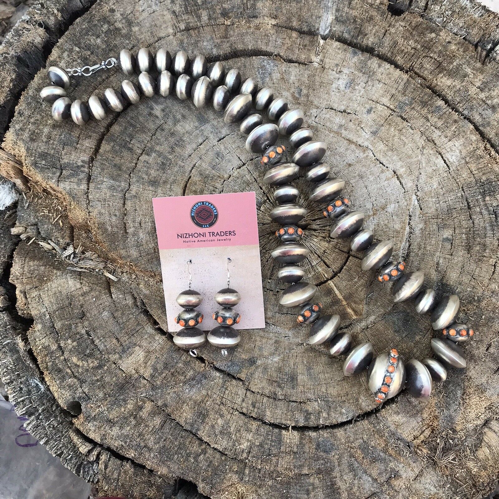 Handcrafted Orange Spiny & Sterling Disk Pearl 20 Mm -12 Mm Bead Necklace Set