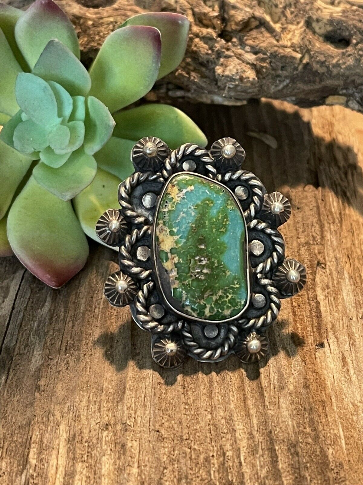 Handcrafted Stunning Natural Royston Turquoise & Sterling Ring Size 7.